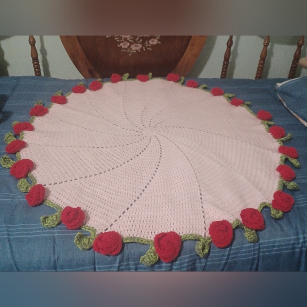 Pink Handmade Crochet Blanket with Red Rose Accents